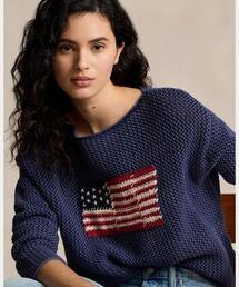 近年モデル 美品 リネン混　ラルフローレン　セーター　ベア　星条旗　ネイビー 近年モデル 美品 リネン混 ラルフローレン セーター ベア 星条旗