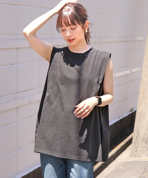 tiptop（ティップトップ）の「ピグメント加工タックノースリーブカットソー（タンクトップ・レディース・サックスブルー/ブラック系その他/アイボリー・FREE）」の12枚目の写真