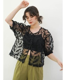 Front button embroidery tulle blouse
