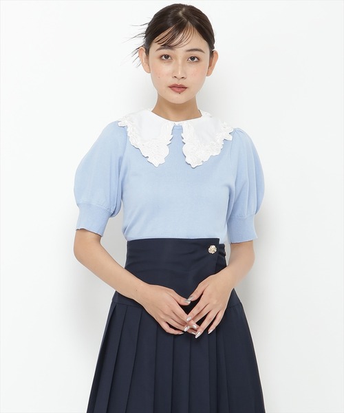 【Rene】フリル襟黒半袖ニットセーター新品 REDYAZEL（レディアゼル）の「レース衿つき半袖ニットトップス（ニット