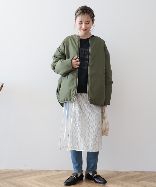 AMERICAN HOLIC（アメリカンホリック）の「軽ポカリバーシブルキルティングコート（ノーカラージャケット・レディース・アイボリー/カーキ/ブラック・L/M）」の5枚目の写真