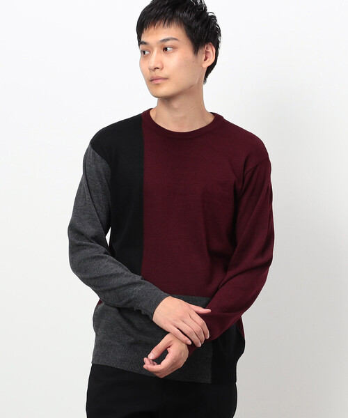COMME CA ISM(コムサイズム)の「ハイゲージ カラーブロックデザインニット (長袖)(ニット/セーター・メンズ・ボルドー/チャコール/ブルー・MEDIUM/LARGE)」の3枚目の写真