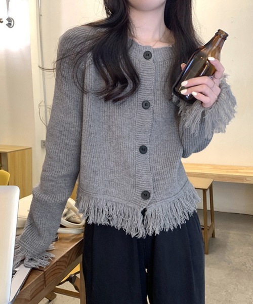 Miniministore（ミニミニストア）の「フリンジニットカーディガン クルーネック（カーディガン/ボレロ・レディース・ブラック/アイボリー/グレー・FREE）」の3枚目の写真