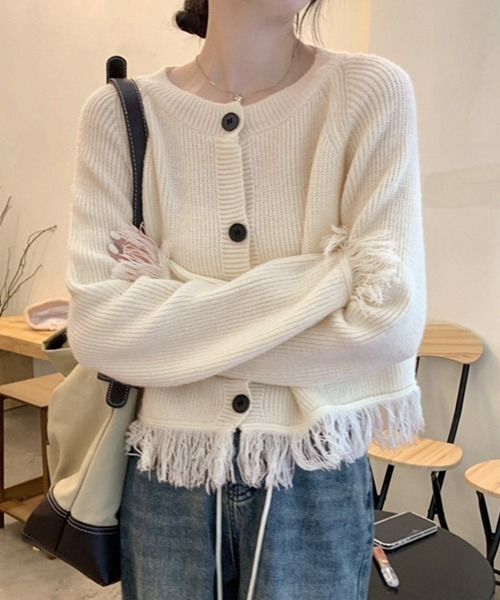 Miniministore（ミニミニストア）の「フリンジニットカーディガン クルーネック（カーディガン/ボレロ・レディース・ブラック/アイボリー/グレー・FREE）」の6枚目の写真
