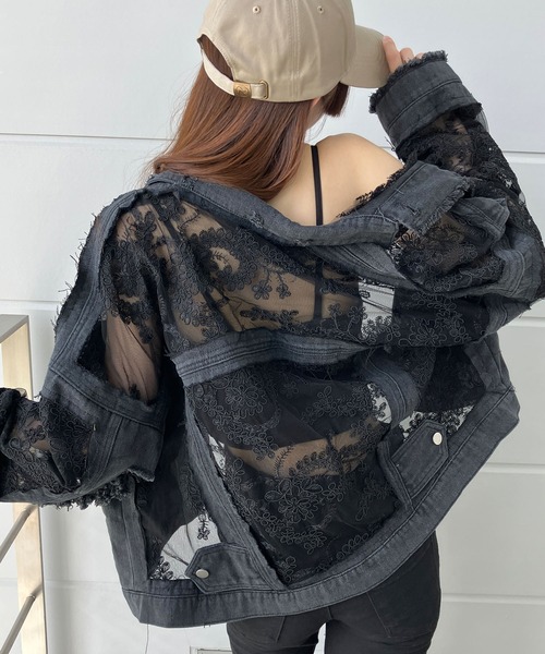 セール】レース×デニム切替Gジャン（デニムジャケット