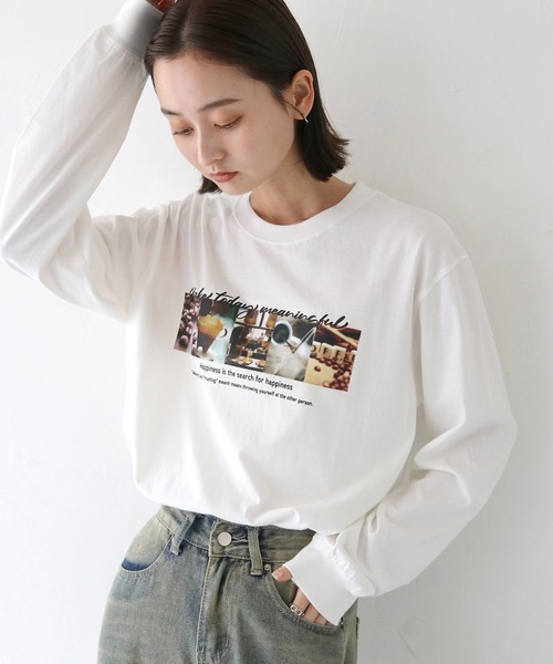 HER CLOSET(ハークローゼット)の「 【HER CLOSET】WEB限定coffeeフォトロゴロンT WEB LIMITED COFFEE PHOTO LOGO LONG TEE(Tシャツ/カットソー・レディース・ホワイト系その他/ホワイト/ブラック・L/M/S)」の3枚目の写真
