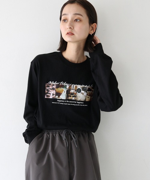 HER CLOSET(ハークローゼット)の「 【HER CLOSET】WEB限定coffeeフォトロゴロンT WEB LIMITED COFFEE PHOTO LOGO LONG TEE(Tシャツ/カットソー・レディース・ホワイト系その他/ホワイト/ブラック・L/M/S)」の1枚目の写真