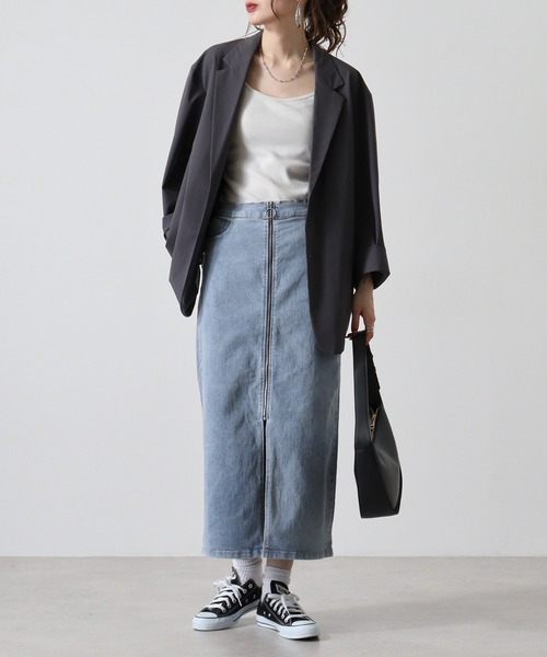 works ストレッチデニム 前ZIPナロースカート85cm丈（デニム