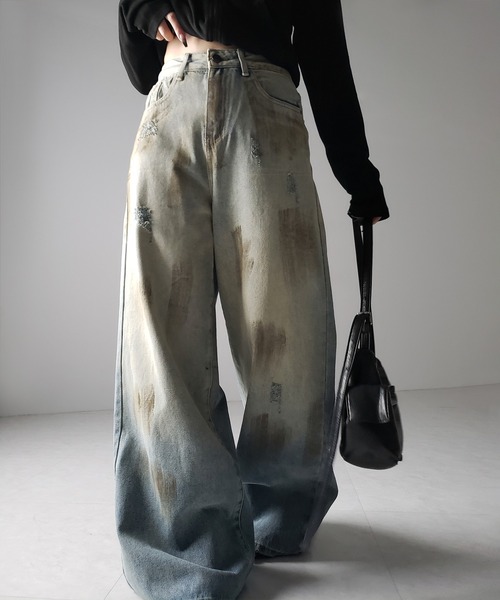 me+em select（ミームセレクト）の「【 ２color ／ ４size 】ヴィンテージペイントグラデーションワイドデニムパンツ ／ vintage paint gradation wide denim pants（デニムパンツ・レディース・ブルー/ブラック・X-LARGE/SMALL/LARGE/MEDIUM）」の14枚目の写真