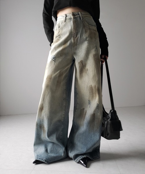 me+em select（ミームセレクト）の「【 ２color ／ ４size 】ヴィンテージペイントグラデーションワイドデニムパンツ ／ vintage paint gradation wide denim pants（デニムパンツ・レディース・ブルー/ブラック・X-LARGE/SMALL/LARGE/MEDIUM）」の15枚目の写真