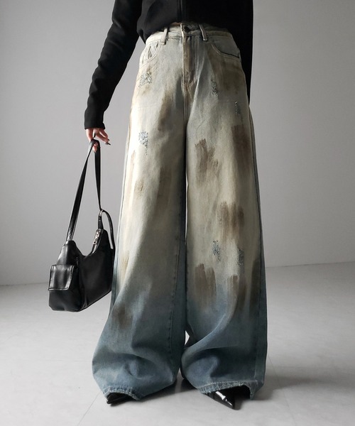 me+em select（ミームセレクト）の「【 ２color ／ ４size 】ヴィンテージペイントグラデーションワイドデニムパンツ ／ vintage paint gradation wide denim pants（デニムパンツ・レディース・ブルー/ブラック・X-LARGE/SMALL/LARGE/MEDIUM）」の16枚目の写真