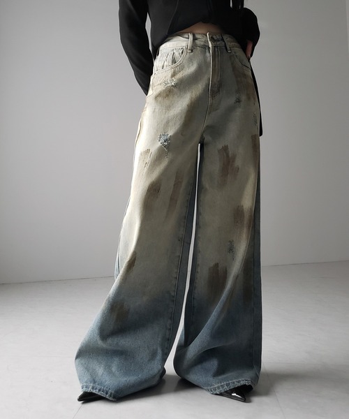 me+em select（ミームセレクト）の「【 ２color ／ ４size 】ヴィンテージペイントグラデーションワイドデニムパンツ ／ vintage paint gradation wide denim pants（デニムパンツ・レディース・ブルー/ブラック・X-LARGE/SMALL/LARGE/MEDIUM）」の17枚目の写真