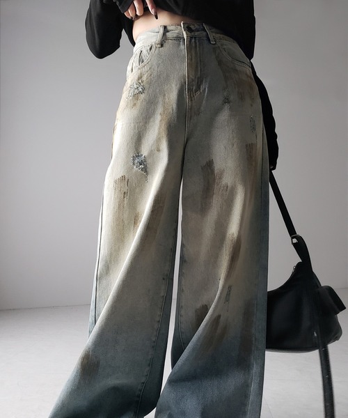 me+em select（ミームセレクト）の「【 ２color ／ ４size 】ヴィンテージペイントグラデーションワイドデニムパンツ ／ vintage paint gradation wide denim pants（デニムパンツ・レディース・ブルー/ブラック・X-LARGE/SMALL/LARGE/MEDIUM）」の7枚目の写真