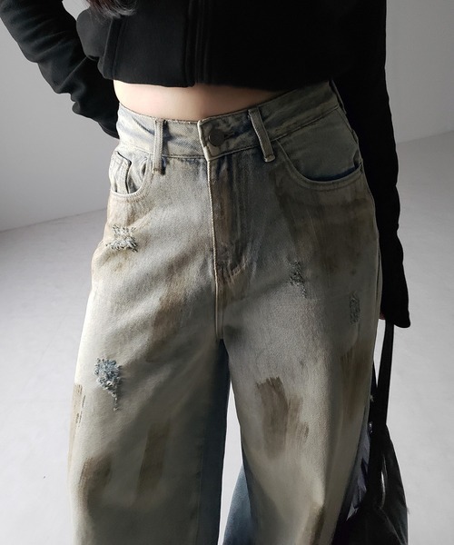 me+em select（ミームセレクト）の「【 ２color ／ ４size 】ヴィンテージペイントグラデーションワイドデニムパンツ ／ vintage paint gradation wide denim pants（デニムパンツ・レディース・ブルー/ブラック・X-LARGE/SMALL/LARGE/MEDIUM）」の9枚目の写真