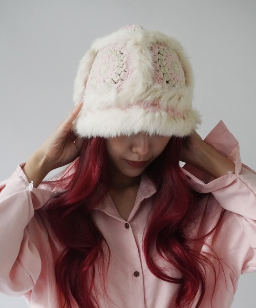 Jelly moo（ジェリームー）の「【 Jelly moo / ジェリームー 】 ファー クロシェ ニット キャップ / 帽子 ＃_（ニットキャップ/ビーニー・レディース・ブラック/ベージュ/ピンク/グレー・FREE）」の4枚目の写真