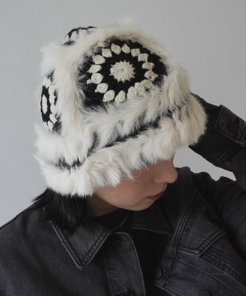 Jelly moo（ジェリームー）の「【 Jelly moo / ジェリームー 】 ファー クロシェ ニット キャップ / 帽子 ＃_（ニットキャップ/ビーニー・レディース・ブラック/ベージュ/ピンク/グレー・FREE）」の5枚目の写真