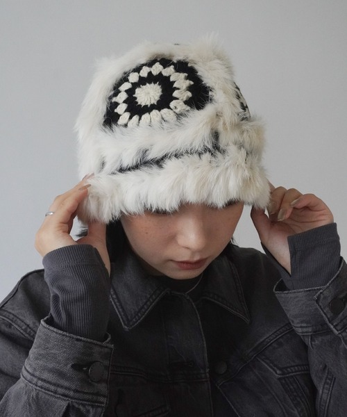 Jelly moo（ジェリームー）の「【 Jelly moo / ジェリームー 】 ファー クロシェ ニット キャップ / 帽子 ＃_（ニットキャップ/ビーニー・レディース・ブラック/ベージュ/ピンク/グレー・FREE）」の6枚目の写真