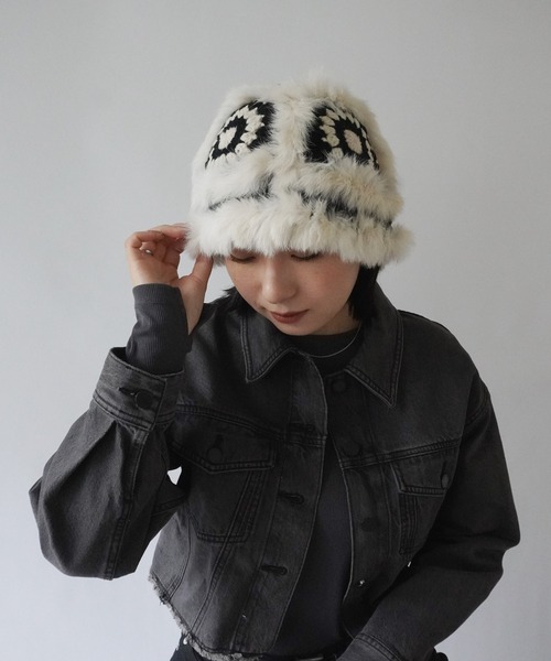 Jelly moo（ジェリームー）の「【 Jelly moo / ジェリームー 】 ファー クロシェ ニット キャップ / 帽子 ＃_（ニットキャップ/ビーニー・レディース・ブラック/ベージュ/ピンク/グレー・FREE）」の7枚目の写真