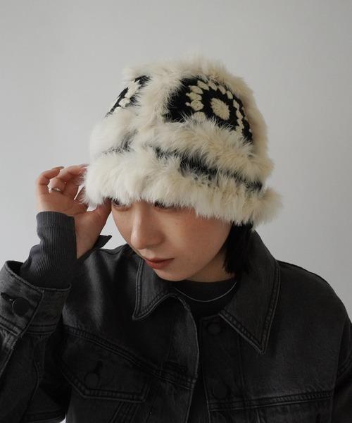 Jelly moo（ジェリームー）の「【 Jelly moo / ジェリームー 】 ファー クロシェ ニット キャップ / 帽子 ＃_（ニットキャップ/ビーニー・レディース・ブラック/ベージュ/ピンク/グレー・FREE）」の8枚目の写真