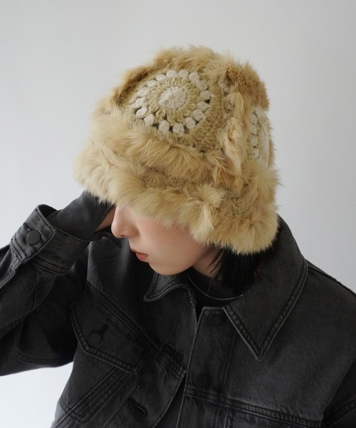 Jelly moo（ジェリームー）の「【 Jelly moo / ジェリームー 】 ファー クロシェ ニット キャップ / 帽子 ＃_（ニットキャップ/ビーニー・レディース・ブラック/ベージュ/ピンク/グレー・FREE）」の10枚目の写真