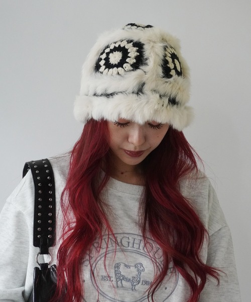 Jelly moo（ジェリームー）の「【 Jelly moo / ジェリームー 】 ファー クロシェ ニット キャップ / 帽子 ＃_（ニットキャップ/ビーニー・レディース・ブラック/ベージュ/ピンク/グレー・FREE）」の12枚目の写真