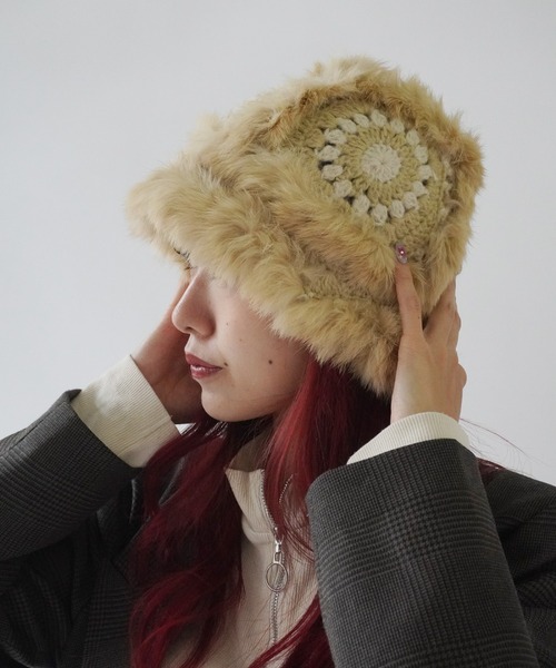 Jelly moo（ジェリームー）の「【 Jelly moo / ジェリームー 】 ファー クロシェ ニット キャップ / 帽子 ＃_（ニットキャップ/ビーニー・レディース・ブラック/ベージュ/ピンク/グレー・FREE）」の17枚目の写真