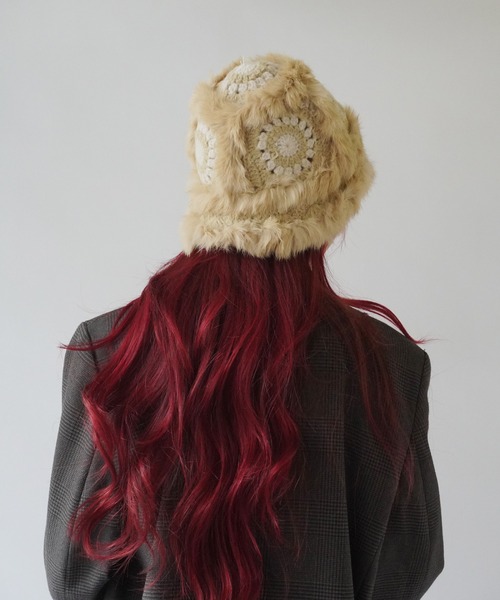 Jelly moo（ジェリームー）の「【 Jelly moo / ジェリームー 】 ファー クロシェ ニット キャップ / 帽子 ＃_（ニットキャップ/ビーニー・レディース・ブラック/ベージュ/ピンク/グレー・FREE）」の18枚目の写真