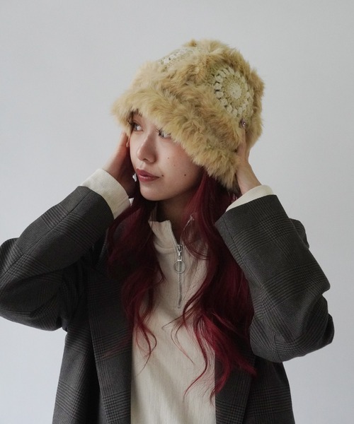 Jelly moo（ジェリームー）の「【 Jelly moo / ジェリームー 】 ファー クロシェ ニット キャップ / 帽子 ＃_（ニットキャップ/ビーニー・レディース・ブラック/ベージュ/ピンク/グレー・FREE）」の19枚目の写真