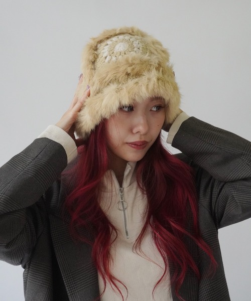 Jelly moo（ジェリームー）の「【 Jelly moo / ジェリームー 】 ファー クロシェ ニット キャップ / 帽子 ＃_（ニットキャップ/ビーニー・レディース・ブラック/ベージュ/ピンク/グレー・FREE）」の20枚目の写真