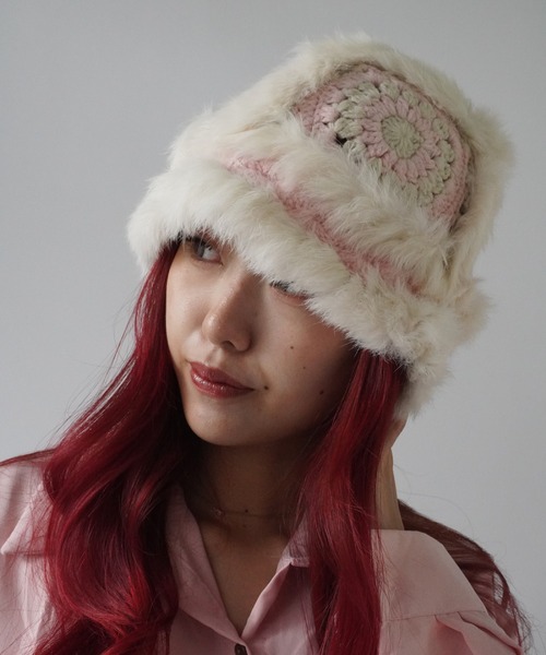 Jelly moo（ジェリームー）の「【 Jelly moo / ジェリームー 】 ファー クロシェ ニット キャップ / 帽子 ＃_（ニットキャップ/ビーニー・レディース・ブラック/ベージュ/ピンク/グレー・FREE）」の21枚目の写真