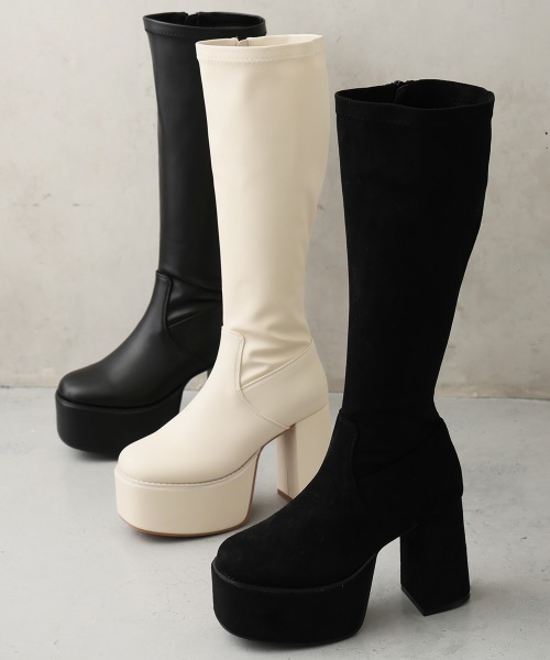 DEMETER（デメテル）の「【新色追加】厚底 太ヒール スクエアトゥ ストレッチ ロングブーツ（ブーツ・レディース・ブラック/ブラック系その他/アイボリー・S/M/L/LL）」の2枚目の写真