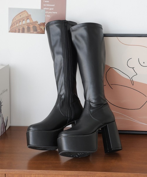 DEMETER（デメテル）の「【新色追加】厚底 太ヒール スクエアトゥ ストレッチ ロングブーツ（ブーツ・レディース・ブラック/ブラック系その他/アイボリー・S/M/L/LL）」の21枚目の写真