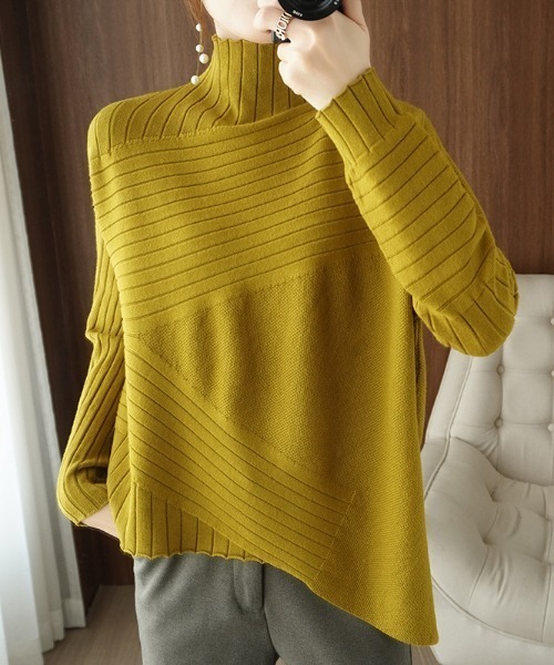 【セール】ランダム切り替えリブハイネックプルオーバー（ニット/セーター）｜deux amour（ドゥーザムール）