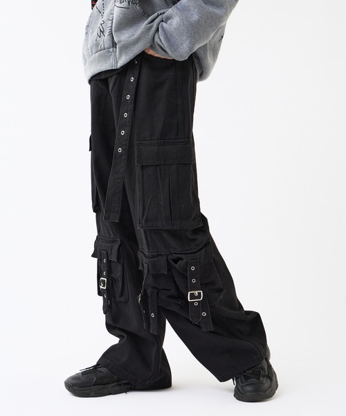 【関税込み】Tonywack ブラック ルーズ フレア カーゴパンツ ワイドルーズ 8ポケットカーゴパンツ(カーゴパンツ
