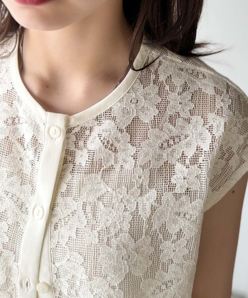 ブラウス シャツ レース×メッシュトップス レディース antiqua ブラウス シャツ メッシュレーストップス レディース