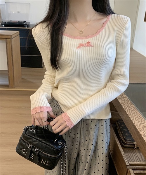 FREE STYLISTS（フリー スタイリスト）の「リボン付きリブニットトップス（ニット/セーター・レディース・ブラック/ブラウン/ライトベージュ・FREE）」の3枚目の写真