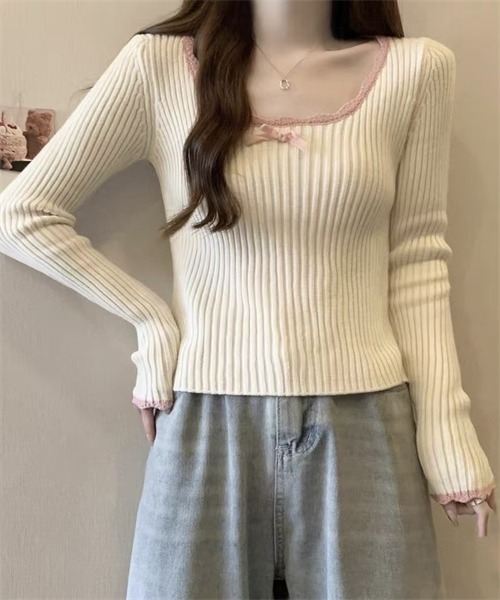 FREE STYLISTS（フリー スタイリスト）の「リボン付きリブニットトップス（ニット/セーター・レディース・ブラック/ブラウン/ライトベージュ・FREE）」の17枚目の写真