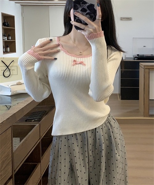 FREE STYLISTS（フリー スタイリスト）の「リボン付きリブニットトップス（ニット/セーター・レディース・ブラック/ブラウン/ライトベージュ・FREE）」の20枚目の写真