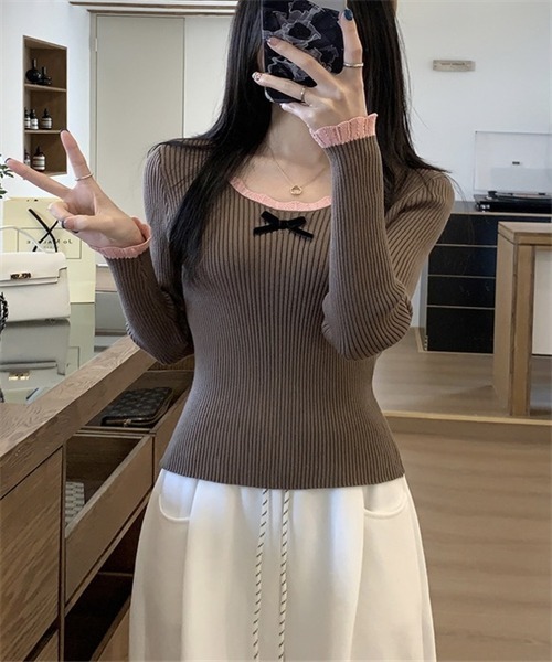 FREE STYLISTS（フリー スタイリスト）の「リボン付きリブニットトップス（ニット/セーター・レディース・ブラック/ブラウン/ライトベージュ・FREE）」の8枚目の写真