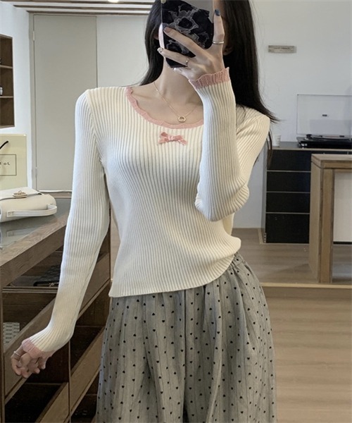 FREE STYLISTS（フリー スタイリスト）の「リボン付きリブニットトップス（ニット/セーター・レディース・ブラック/ブラウン/ライトベージュ・FREE）」の18枚目の写真