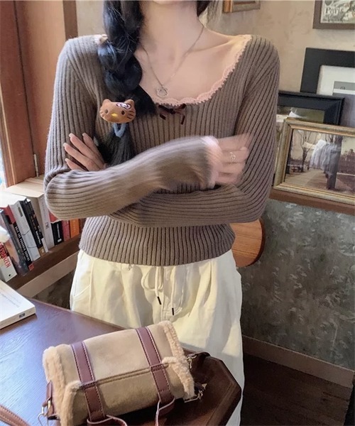 FREE STYLISTS（フリー スタイリスト）の「リボン付きリブニットトップス（ニット/セーター・レディース・ブラック/ブラウン/ライトベージュ・FREE）」の11枚目の写真