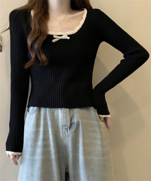 FREE STYLISTS（フリー スタイリスト）の「リボン付きリブニットトップス（ニット/セーター・レディース・ブラック/ブラウン/ライトベージュ・FREE）」の5枚目の写真