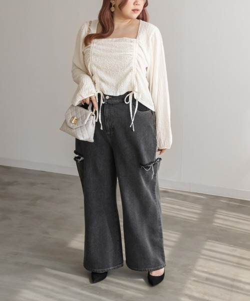 CLETTE(クレット)の「スクエアネックシャーリングプルオーバー(Tシャツ/カットソー・レディース・ブラック/アイボリー・4L/3L/LL)」の11枚目の写真