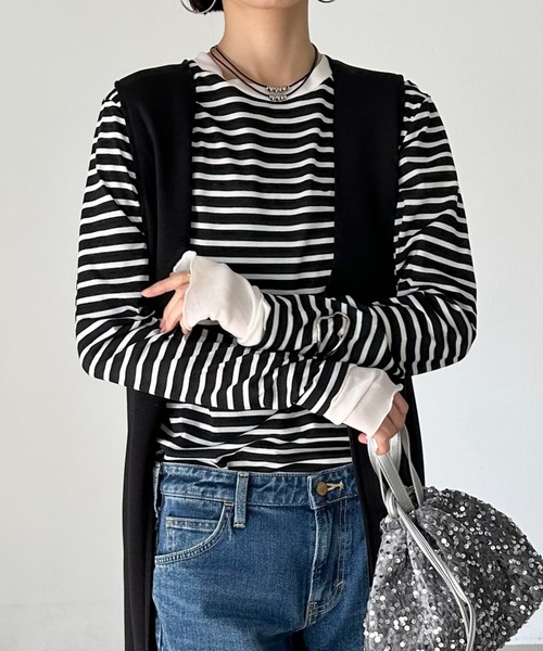 Doux archives（ドゥアルシーヴ）の「レイヤードボーダーロンT（Tシャツ/カットソー・レディース・ブラック/オフホワイト・38）」の4枚目の写真