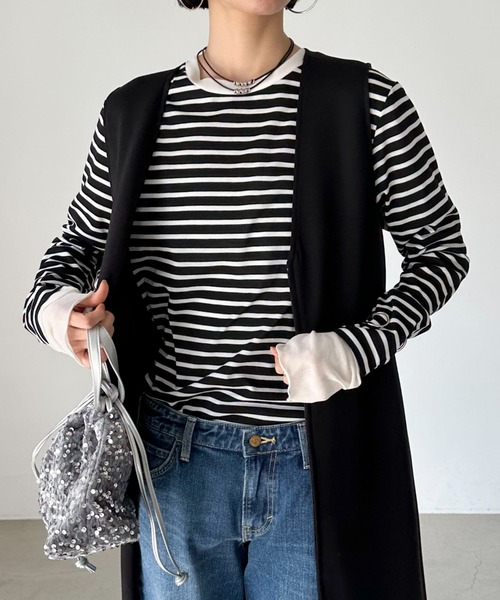 Doux archives（ドゥアルシーヴ）の「レイヤードボーダーロンT（Tシャツ/カットソー・レディース・ブラック/オフホワイト・38）」の5枚目の写真