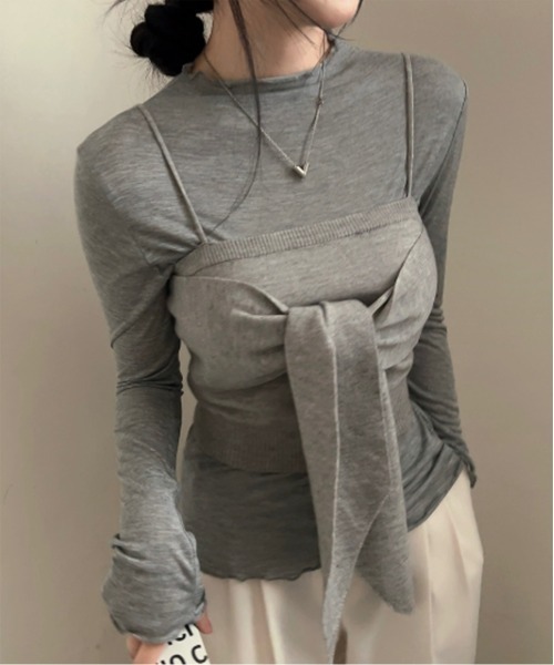 by muni:r（バイ ムニール）の「ビッグリボンビスチェニットトップス＋ハーフネックラッフルTシャツSET（ニット/セーター・レディース・グレー/ベージュ・FREE）」の8枚目の写真