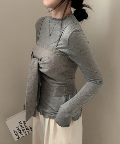 by muni:r（バイ ムニール）の「ビッグリボンビスチェニットトップス＋ハーフネックラッフルTシャツSET（ニット/セーター・レディース・グレー/ベージュ・FREE）」の9枚目の写真