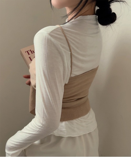 by muni:r（バイ ムニール）の「ビッグリボンビスチェニットトップス＋ハーフネックラッフルTシャツSET（ニット/セーター・レディース・グレー/ベージュ・FREE）」の3枚目の写真