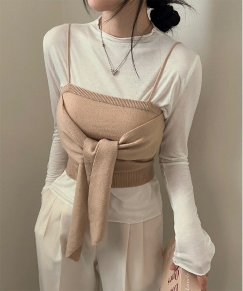 by muni:r（バイ ムニール）の「ビッグリボンビスチェニットトップス＋ハーフネックラッフルTシャツSET（ニット/セーター・レディース・グレー/ベージュ・FREE）」の5枚目の写真