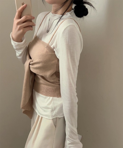 by muni:r（バイ ムニール）の「ビッグリボンビスチェニットトップス＋ハーフネックラッフルTシャツSET（ニット/セーター・レディース・グレー/ベージュ・FREE）」の6枚目の写真